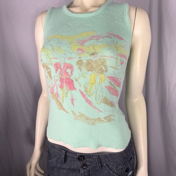 Vintage 1960s Mint Green Novelty Knit Tank Top | Scenic Bicycle Print Sleeveless - Picture 2 of 14